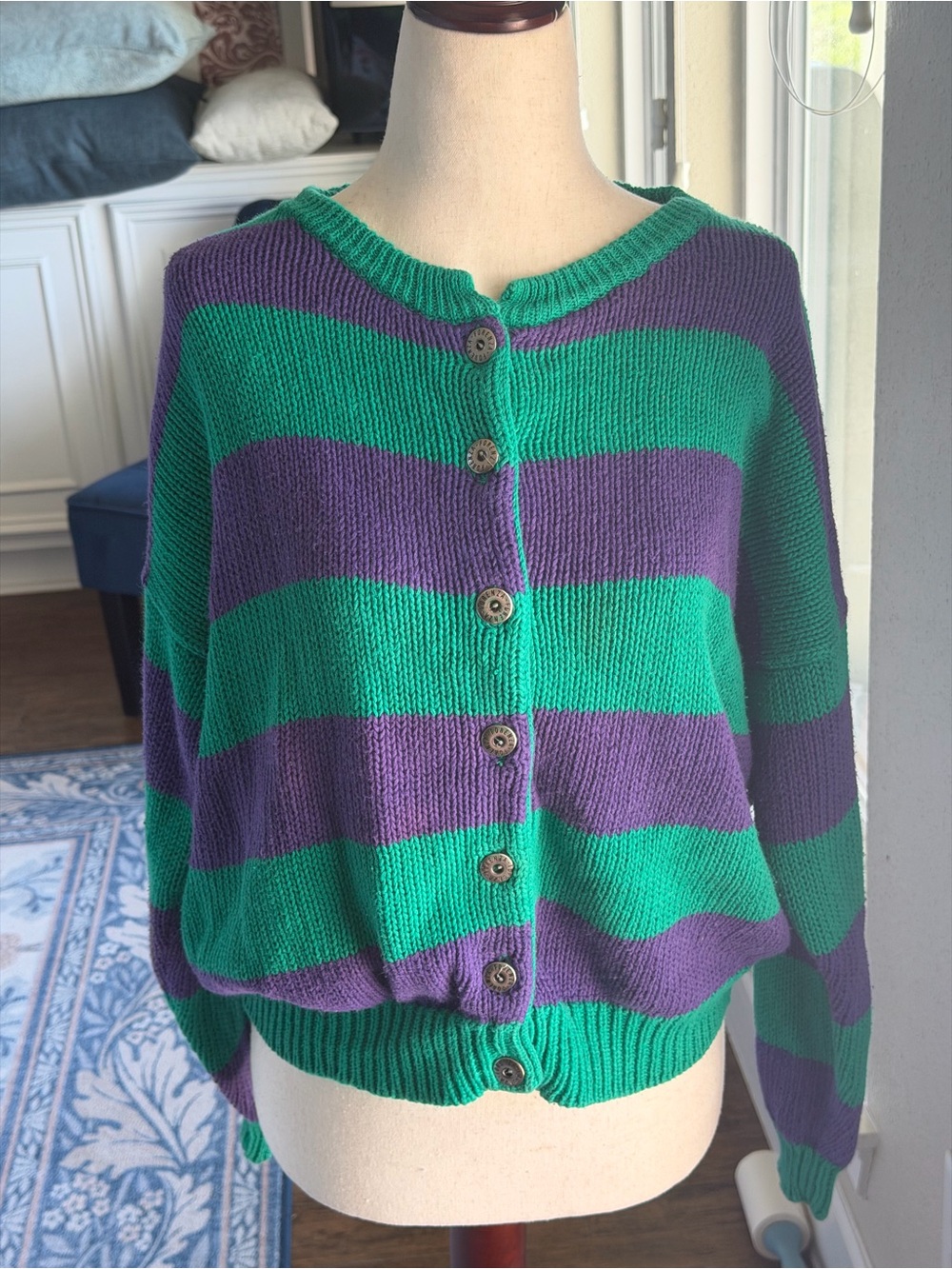 Vintage Forenza Striped Knit Cardigan Sweater Purple Teal Green Button Front